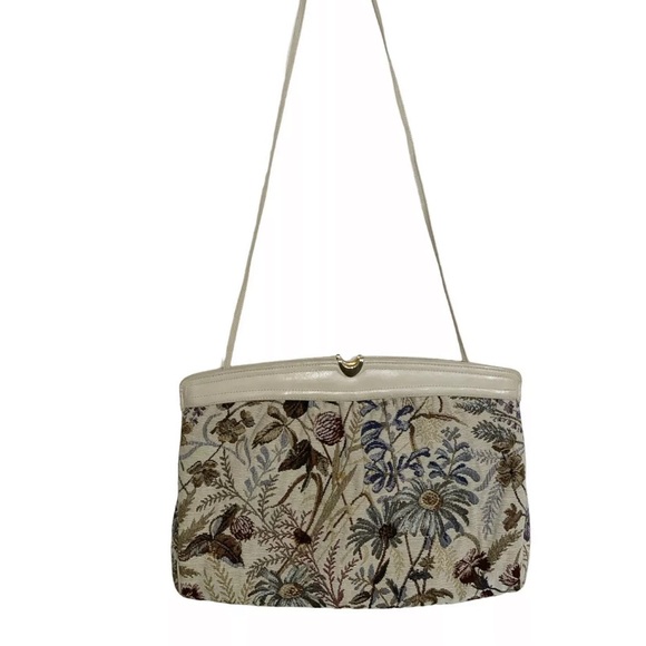 Vintage MORRIS MOSKOWITZ MM Beige Leather Floral Tapestry Clutch Purse Bag Retro - Picture 4 of 11